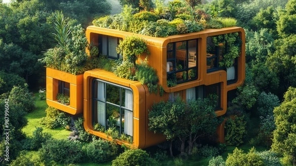 Fototapeta Futuristic modular home with cubes, rooftop gardens overflowing with plants, large windows, wooden trims, set in a green forest, isometric view, warm tones, digital painting