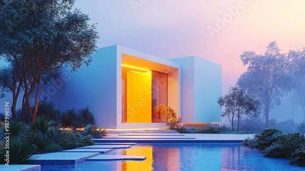 Fototapeta Minimalist cube home with bold yellow door, surrounded by geometric stone paths, evening glow, cool tones, futuristic architecture, 3D rendering, sharp details