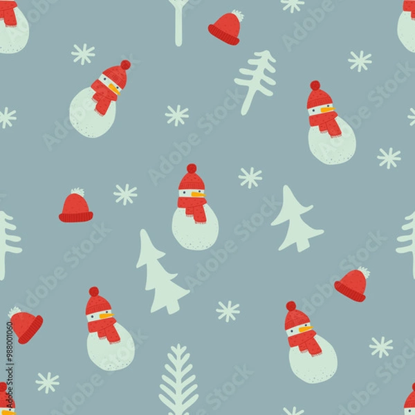 Fototapeta Christmas Snowman Background With Winter Elements