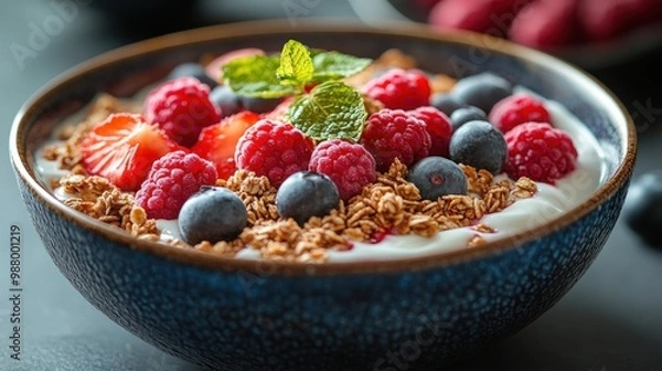 Fototapeta A colorful bowl of yogurt topped with berries and granola.