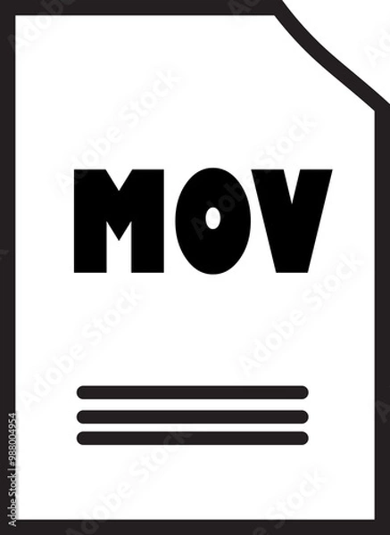 Fototapeta MOV File Icon:  A simple, minimalist icon depicting a file with the extension "MOV" in bold black text. The icon is perfect for website and app interfaces, presentations, and digital media projects.