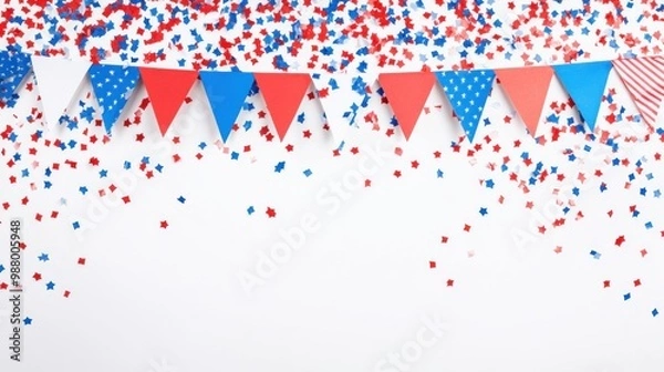 Fototapeta Colorful triangle flags and confetti on a white background. for festive celebration.