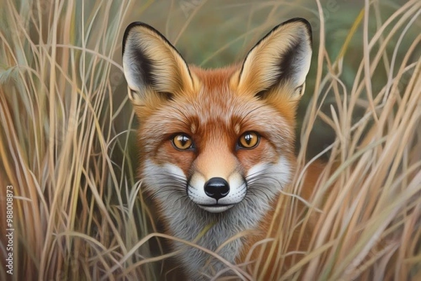 Fototapeta A close-up portrait of a fox peeking through tall grasses, showcasing its vibrant fur and keen expression.