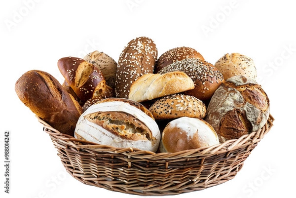 Obraz Assorted bread in a basket on a white background – perfect for bakery, breakfast, and culinary themes