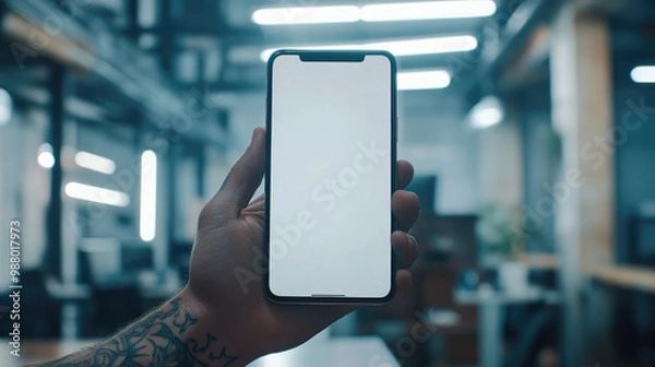 Obraz A person holding a cell phone with a white screen. Concept of emptiness and loneliness, as the phone is the only object in the scene