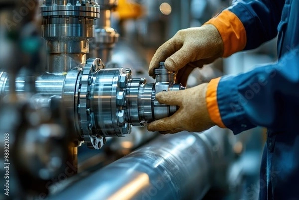 Fototapeta Close-up of an engineer's hands expertly adjusting the components of sophisticated industrial machinery in a modern manufacturing facility.