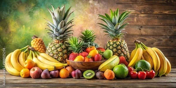 Fototapeta Display of Fresh and Colorful Fruits including Bananas and Pineapples on a Table