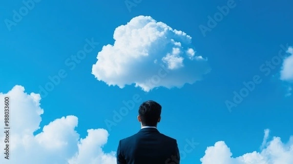 Fototapeta A businessman stands contemplating under a bright blue sky with fluffy clouds, symbolizing aspiration and vision.