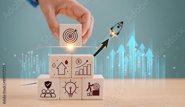 Obraz Rocket launch on wood cube, business investment icon. Leadership creativity on new projects to wealth. Potential start-up progress concept. Big success idea, goal management, company strategy target