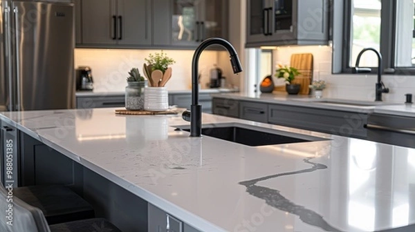 Obraz A showcase of current kitchen trends, including quartz countertops and black fixtures