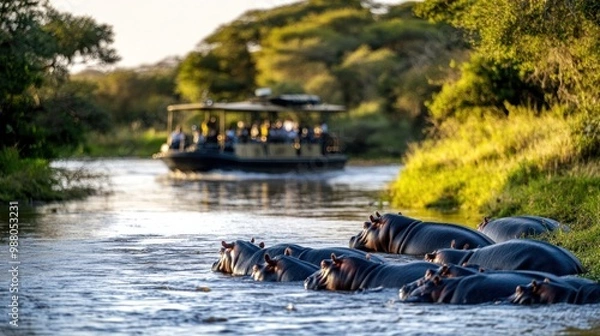 Fototapeta A serene scene of hippos in water with a boat in the background.