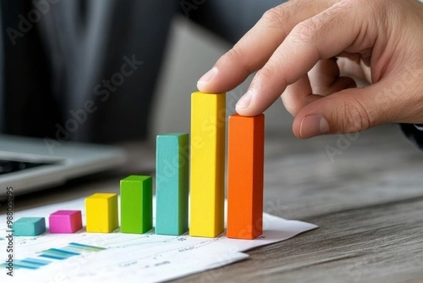 Fototapeta Hand reaching towards a bar chart, representing financial growth and company revenue analysis, emphasizing business success and strategy
