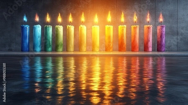 Fototapeta A row of colorful candles illuminates the surface of a still pool of water with their warm glow