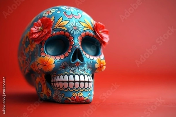 Fototapeta sugar skull for the day of the dead on a minimalistic orange background