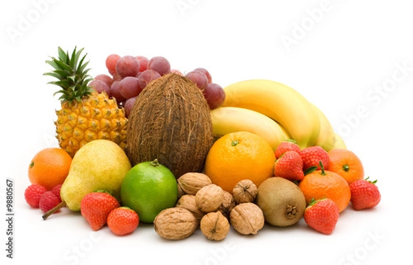 Fototapeta fresh fruits and nuts on white background
