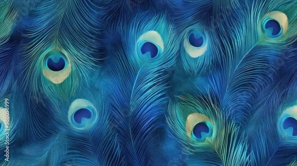 Fototapeta A vibrant display of peacock feathers in shades of blue and green.