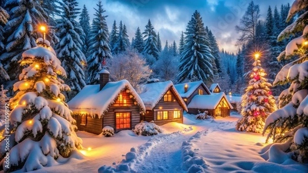 Fototapeta Winter wonderland scene of cozy cottages, snow-covered trees, and festive lights in a magical holiday setting , Christmas, snow