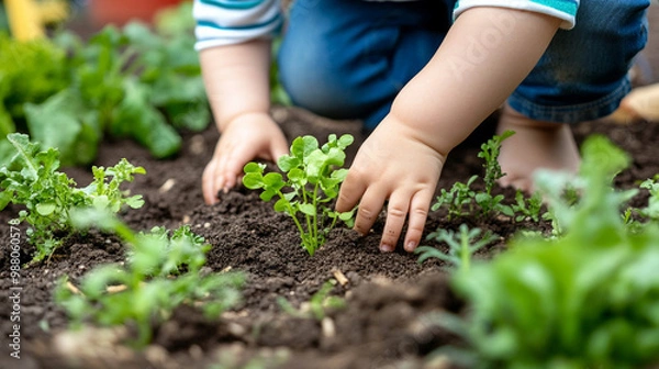 Fototapeta hands gently planting baby plants into rich, dark soil, symbolizing growth, nurturing, and the promise of new beginnings in a vibrant garden setting