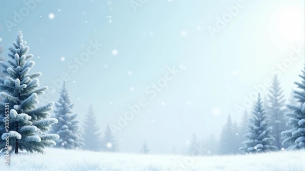 Fototapeta Snowflakes Falling Over a Winter Landscape, A soft winter landscape with pine trees and gently falling snow. The top third of the banner fades into a light blue sky with ample copy space.