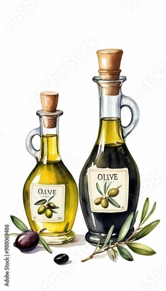Obraz white hand oil balsamic background olated olive drawing illustration watercolor bottles two olive vinegar drawn branch  vinegar watercolor soy black oil food isolated natural kitchen white liquid