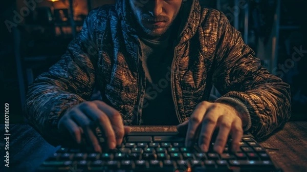 Obraz A hacker in a dark room typing on a keyboard, representing the constant threat of cyber attacks