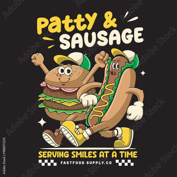 Fototapeta Fast Food Burger Sausage Cute Funny Retro 60s 70s Cartoon Character Mascot Vector Illustration in Groovy Psychedelic Style for Bar Restaurant