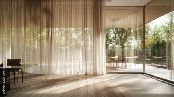 Fototapeta Modern Interior Design with Sheer Curtains and a View of the Garden