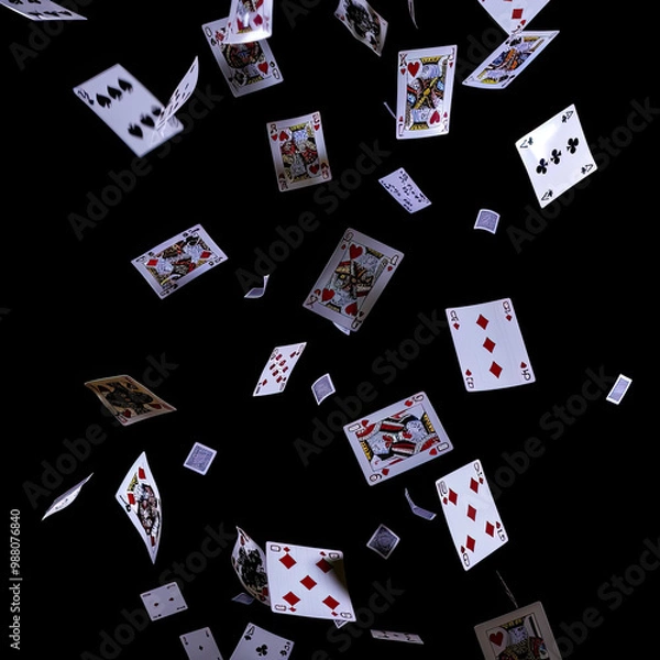 Fototapeta Floating Playing Cards with Sharp Details and Motion Against a Black Background