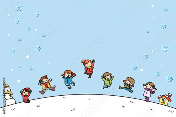 Obraz 子供　ジャンプ　冬　雪　コピーフレーム