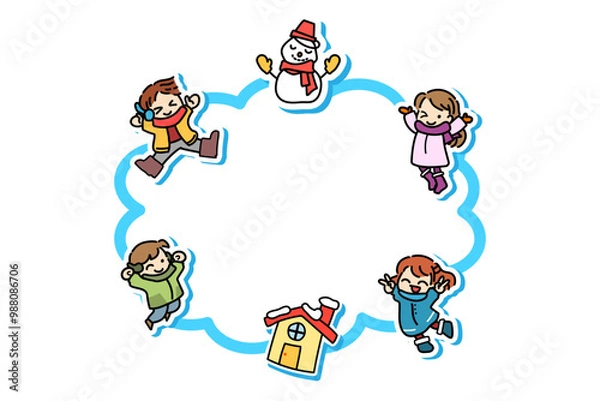 Obraz 子供　ジャンプ　冬　雪　フレーム　冬服