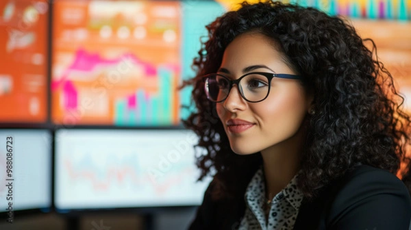 Fototapeta Hispanic Female Senior Data Scientist Reviewing Reports Of Risk Management Department On Big Digital Screen In Monitoring Room. Diverse Consulting Company Employees Working Behind Desktop Computers. -