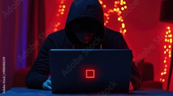 Fototapeta Mysterious Hacker in a Red-Lit Room