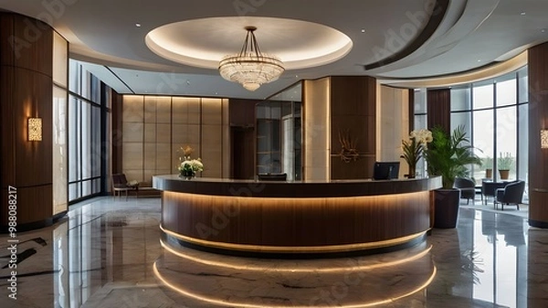 Fototapeta Stylish hotel interior lobby and reception desk, panoramic window.