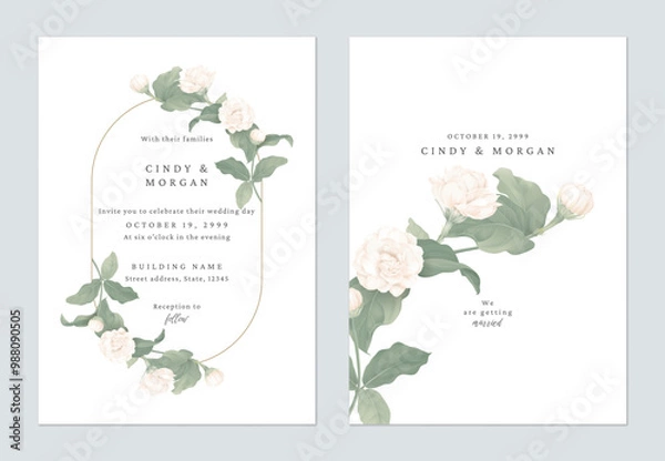 Obraz Minimalist wedding invitation featuring Jasminum sambac flower bouquet on a white background