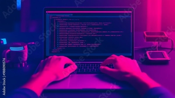 Fototapeta Hands typing on a laptop with code on the screen,  at night, surrounded by tech gadgets, illustrating a programmer s creative workspace