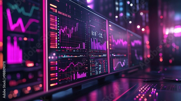 Fototapeta Multiple monitors show financial data with graphs and charts; suitable for business, finance, stock market, investing concepts. Generative AI