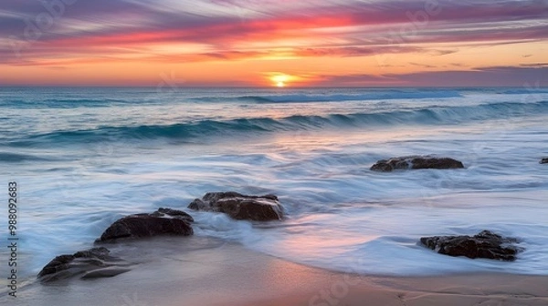 Fototapeta  A vibrant sunset paints the sky in hues of orange and pink, reflecting on the calm ocean waves and sandy beach, Capturing Nature's Tranquil Beauty.