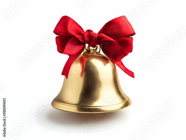Fototapeta Gold bell adorned with a red ribbon, isolated on a white background, perfect for festive decoration.