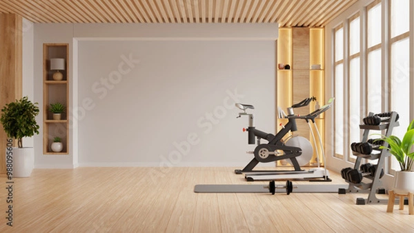 Obraz Interior of modern light gym is well-equipped with modern machines and fitness gear, offering a functional and comfortable space for workouts- 3D rendering