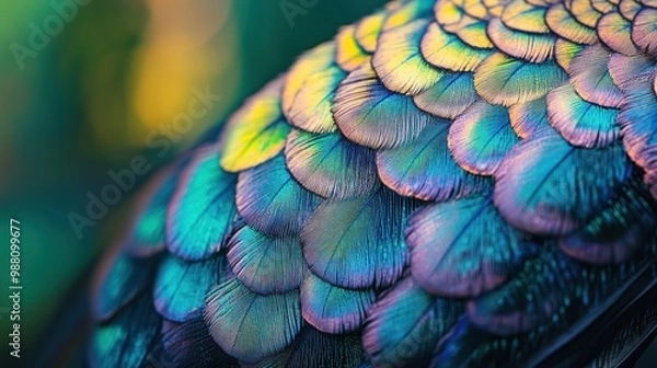 Obraz Close-up of iridescent feathers showcasing vibrant colors and intricate patterns.