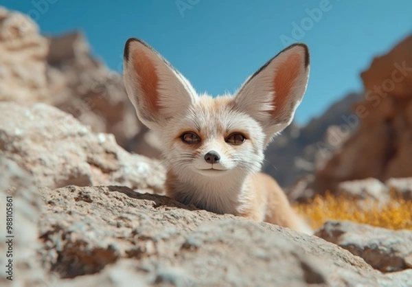 Fototapeta Curious desert fox peeking out from rocky terrain