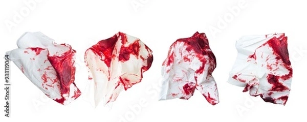 Fototapeta a handkerchief or tissue filled with blood isolated on white background. concept of incident, accident, cleaning bleeding wound with tissue. Concept set groups of objects, clipping path