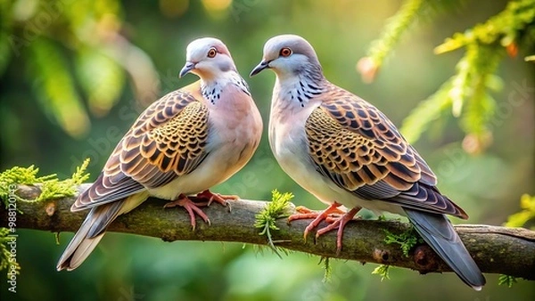 Obraz Two delicate turtle doves sit serenely on a branch, their iridescent feathers glistening with intricate patterns in the soft morning light.