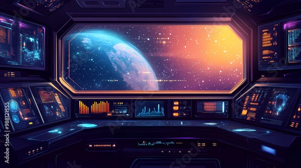Fototapeta Outer view of spaceship window with control system room. abstract discover new planet in space. finest generative ai. Starship. Illustration