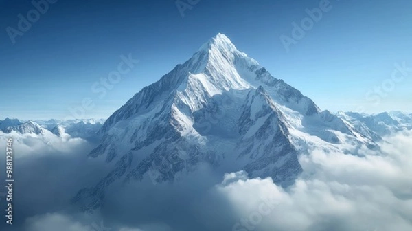 Fototapeta A breathtaking panoramic view of a majestic mountain peak piercing through a sea of clouds, symbolizing ambition, strength, resilience, nature's grandeur, and the pursuit of the summit.