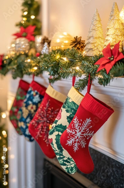 Fototapeta A Mantel with Christmas Decorations in the Background for a Cozy and Holiday-Themed Living Room