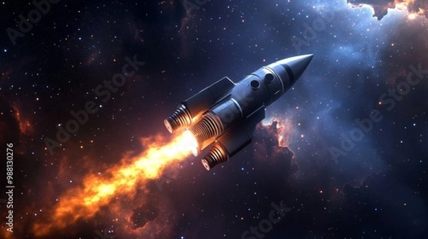 Obraz A futuristic rocket ship blazes through a vibrant nebula, symbolizing space travel, exploration, technology, and the beauty of the universe.