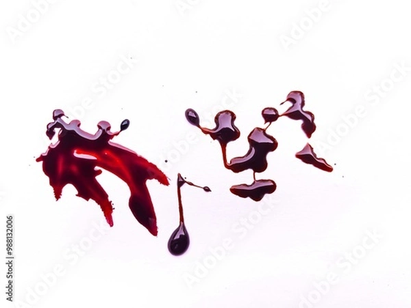 Fototapeta red blood drops on the floor, blood isolated white background, concept of splatter blood, murder bloody, splash, splatter of real bloody .Clipping path, healthcare and medicare.