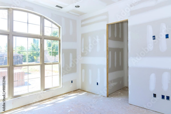 Fototapeta Plaster has been applied to interior walls ceiling of new house and is ready for paint priming.