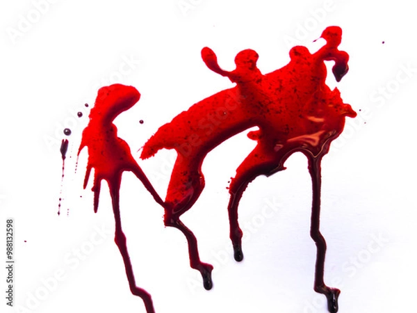 Fototapeta red blood drops on the floor, blood isolated white background, concept of splatter blood, murder bloody, splash, splatter of real bloody .Clipping path, healthcare and medicare.